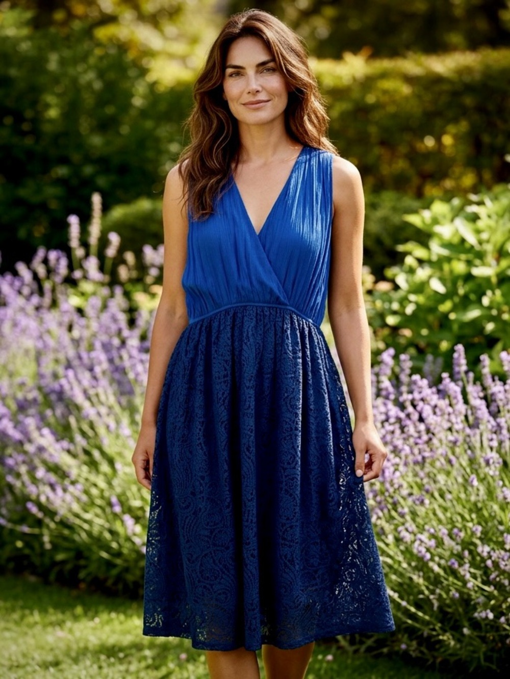 Royal Blue Lace Midi Dress Fit & Flare Wedding Guest Miami Size M